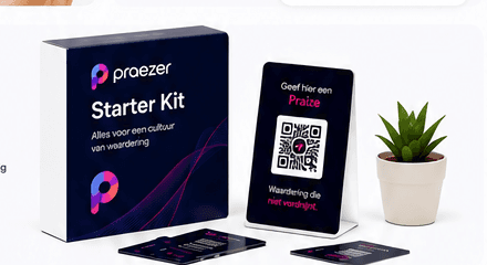 Praezer Starter Kit: doos, tafelstandaard met QR-code en Praize-kaarten